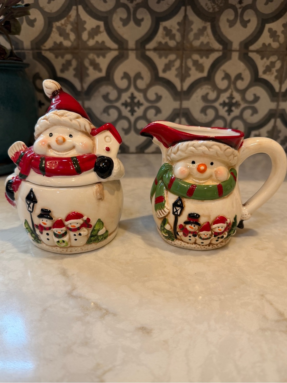 HOLIDAY-Festive Snowman Creamer & Sugar Set - Red and Green Holiday Ceramic-EUC